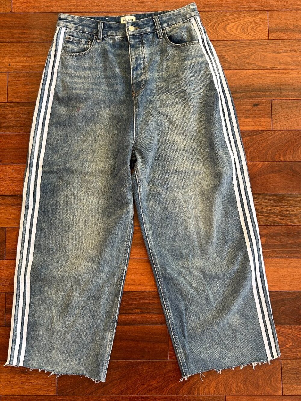 MIJKO Jeans 32 Waist Y2K Baggy Ultra Wide Leg Side Stripe Raw Hem Streetwear